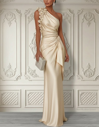 One-shoulder Floral Appliqué Satin Maxi Dress