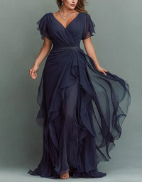 Dark Blue V-neck Chiffon Maxi Dress