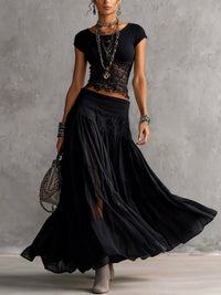 ODETTE | Sheer Lace Top and Pleated Maxi Skirt Set
